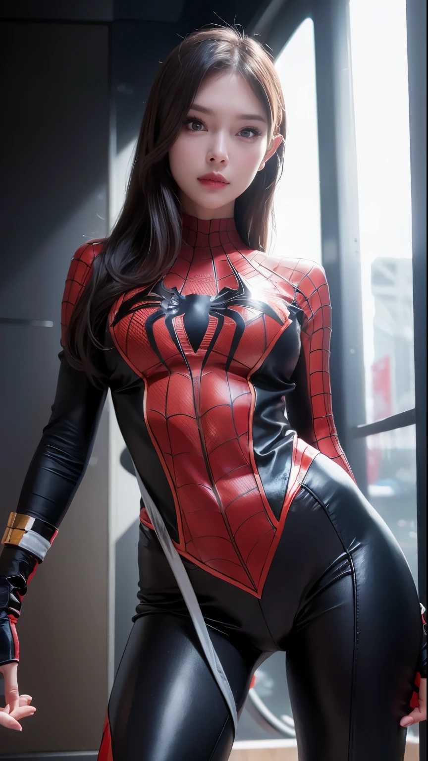 a beautiful woman in spider-man costume, petite breasts, detailed body, intricate costume, hyper realistic, cinematic lighting, vibrant colors, dramatic shadows, 8k, photorealistic, masterpiece, detailed facial features, piercing eyes, sharp focus, clean lines, elegant pose, dynamic action, incredible detail
