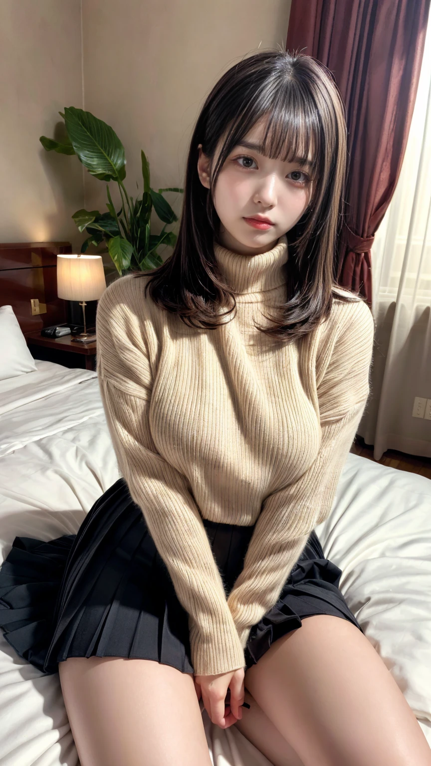 masterpiece, best quality, illustration, Super detailed, fine details, High resolution, 8K,wall paper, perfect dynamic composition,(Details High quality, realistic depiction of eyes:1.3), Oversized turtleneck light beige sweater, pleated skirt, straight hair, large breasts, black hair color, Big Natural Color Lip, (perfect body shape), crying a little、cold gaze, Harajuku style、20 year old girl、cute type、lolita、beautiful legs, hotel room, Gravure Idol, Voluptuous thighs, (woman on top, straddling, sitting)