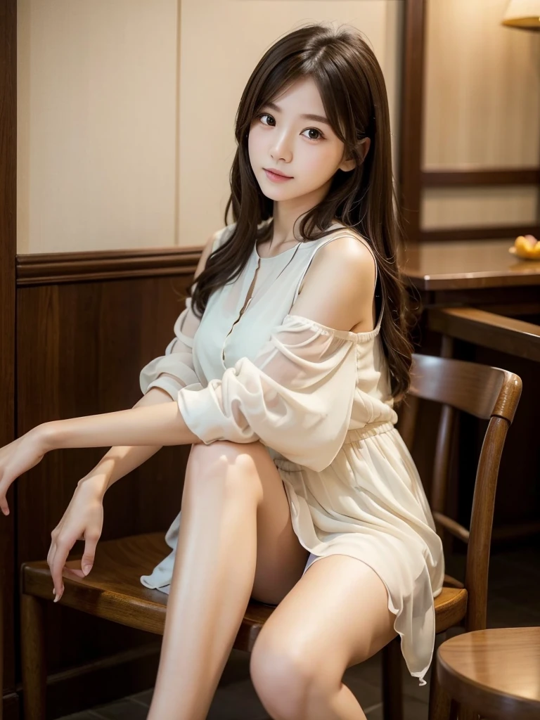 sitting on a chair in a cafe、Chiffon Brown、(Highest quality)、((Very detailed))、4K、(8K)、masterpiece、Very detailedな、Highest quality、Super Resolution、1 person、Kind Face、Soft Light、RAW quality、Soft Skin、163cm、30 years old、knees