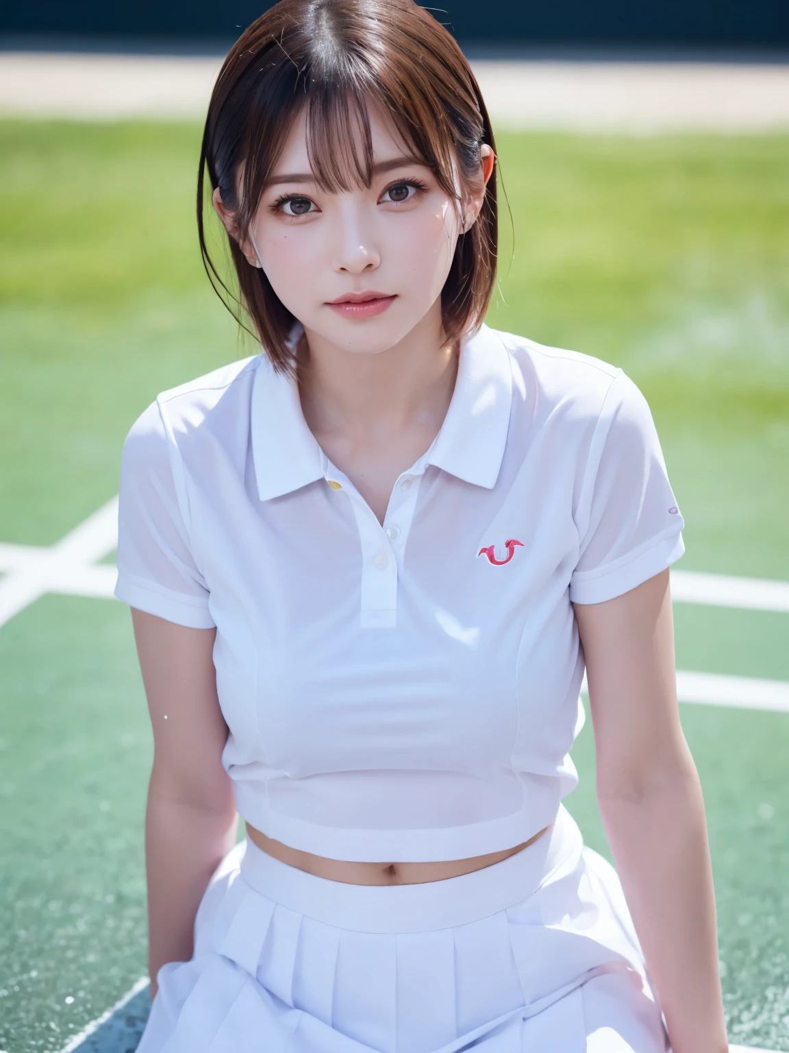 ((Upper Body))、1 Girl, alone, White polo shirt, White sneakers, Pink tennis wear: 1.3, White mini skirt, masterpiece, Highest quality, Realistic, Hyper Detail, (Shiny skin, Sweaty: 1.4), Confused, Looking into the camera, Short black hair, Brown eyes, thin, Dynamic Lighting, High resolution, Sharp focus, Written boundary depth, fine grain, Sharp eyes, Realistic eyes, (big: 1.2), (Thick thighs: 1.0), Outdoor, null, Korean Idol, Nogizaka idol, idol carving, actress,