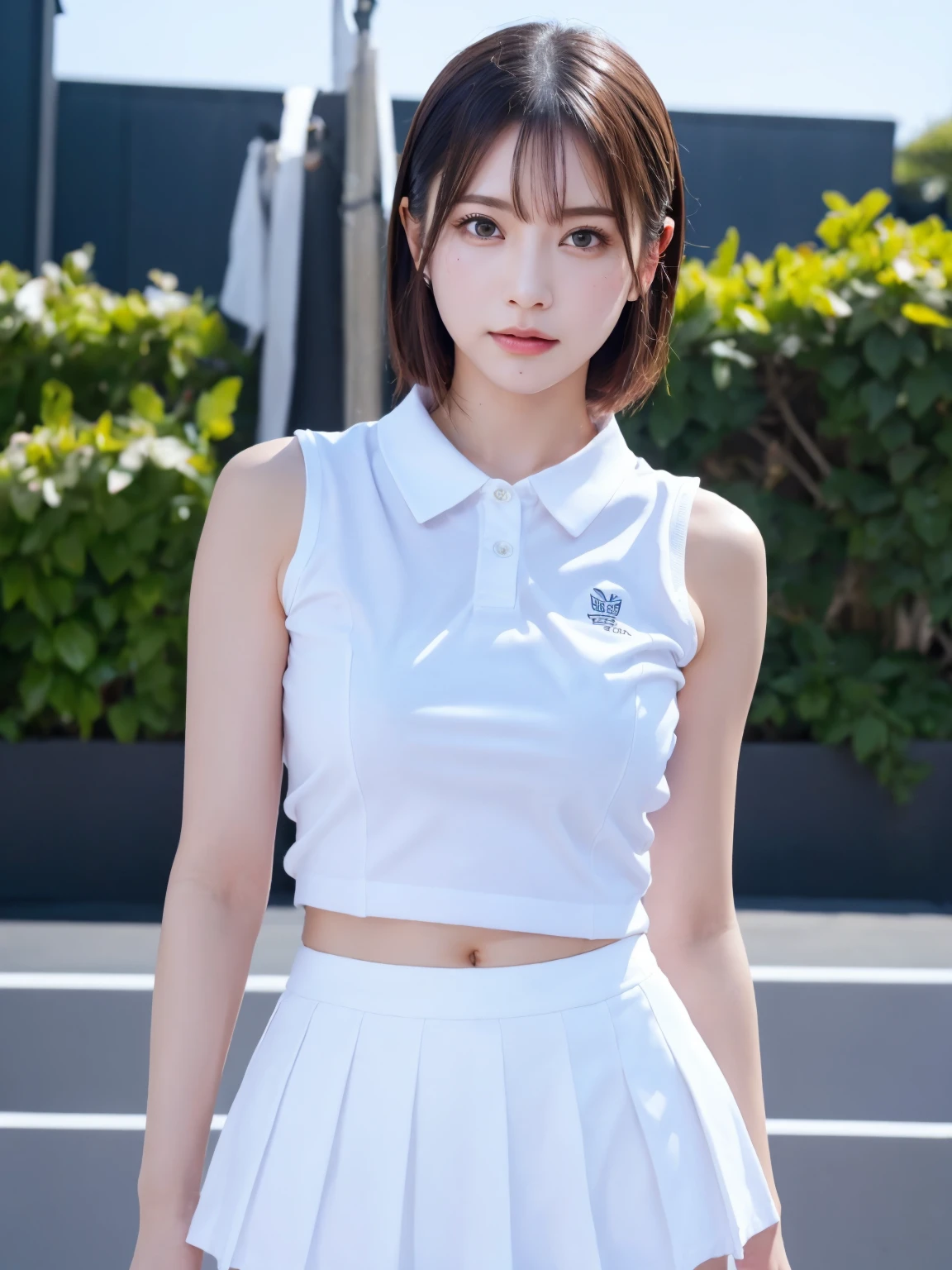 ((Upper Body))、1 Girl, alone, White polo shirt, White sneakers, Pink tennis wear: 1.3, White mini skirt, masterpiece, Highest quality, Realistic, Hyper Detail, (Shiny skin, Sweaty: 1.4), Confused, Looking into the camera, Short black hair, Brown eyes, thin, Dynamic Lighting, High resolution, Sharp focus, Written boundary depth, fine grain, Sharp eyes, Realistic eyes, (big: 1.2), (Thick thighs: 1.0), Outdoor, null, Korean Idol, Nogizaka idol, idol carving, actress,