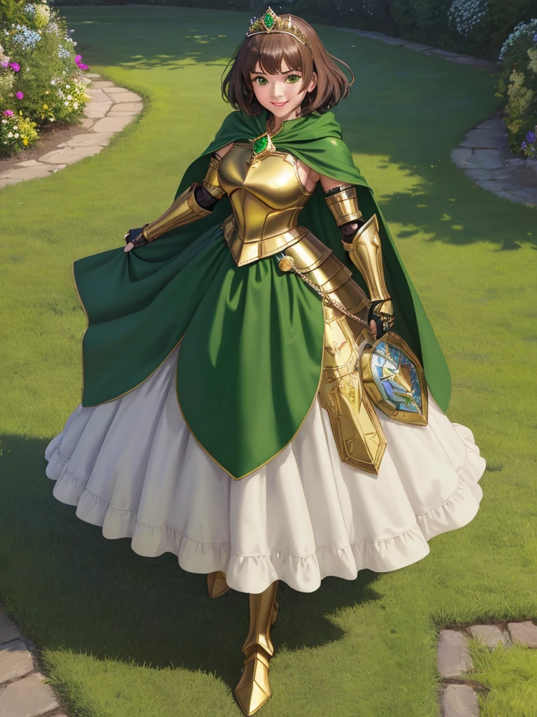 masterpiece, best quality:1.2), 1girl, smile, looking at viewer, green eyes, short brown hair, princess, armor, , pauldrons, armored dress, green cloak cape, wearing puffy blue ballgown skirt, golden tiara with green gem, armored boots, fingerless gloves, standing in medieval garden