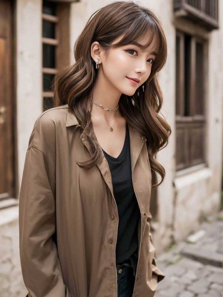 (((masterpiece,top-quality,16 K,Ultra Detail,reallistic))),One lady,Japan beauties,Photographed from the waist up from the side,Looking here,((Trendy hairstyles,long hair with loose wavy,Air bangs,Light brown hair color)),(Posing like a fashion model,Looks like a model,A smile,Large duplex,Super delicate appearance,,flat breast,Model body type,Trendy makeup),(Piercing,Trendy fashion,The shirt,jaket,long-sleeve,Less exposure),(outside of house,Streets of Italy)