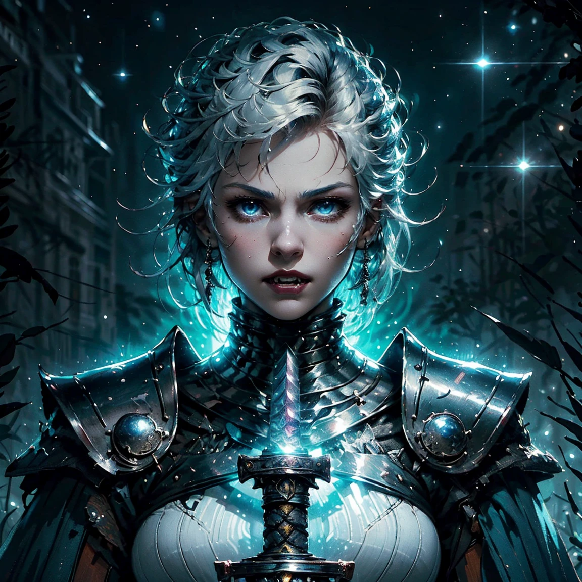 1girl, (solo), short curly hair, golden hair, small breasts, light blue eyes, small size, fair skin, serious face, (fangs), (blue armor plate), (PlantedSword:1.2), magical, ice, swordup, full body, (night), blood moon, medieval town, forest behind, (very sexy body, detailed face, masterpiece, highly detailed, 8k, best quality, vibrant colors, digital art, concept art).