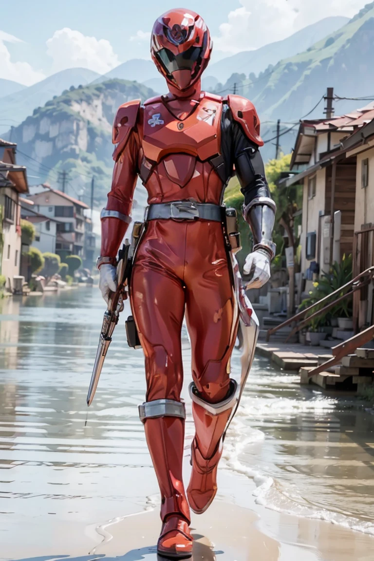The sunset flies with the lonely geese in the distance, and the autumn river water and the vast sky are connected, icons,1boy, white, full body, Illustration, cinematic light, high resolution, best quality, ultra detailed, masterpiece, power suit, powerranger, suit, spd, (silver royal guard ranger suit), gold detail