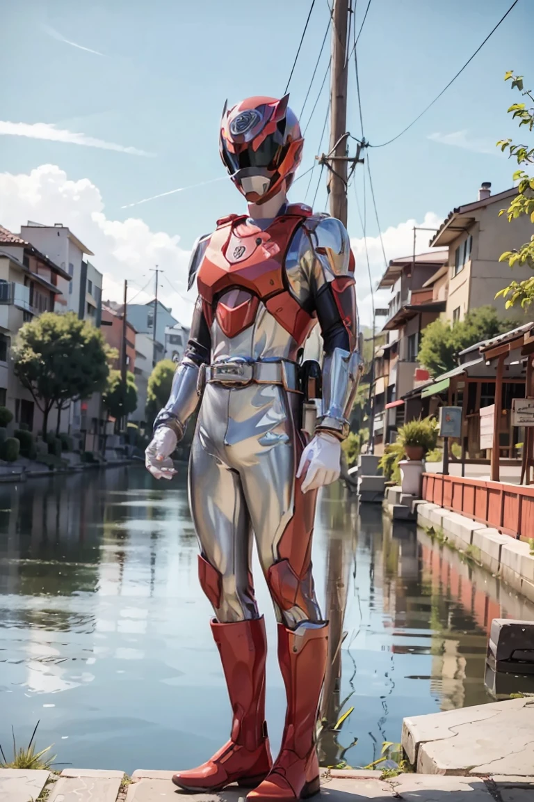 The sunset flies with the lonely geese in the distance, and the autumn river water and the vast sky are connected, icons,1boy, white, full body, Illustration, cinematic light, high resolution, best quality, ultra detailed, masterpiece, power suit, powerranger, suit, spd, (silver royal guard ranger suit), gold detail