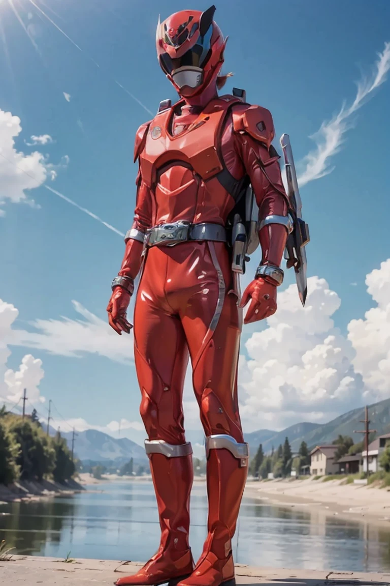 The sunset flies with the geese in the distance, and the autumn river water and the vast sky are connected, icons,1boy, white, full body, Illustration, cinematic light, high resolution, best quality, ultra detailed, masterpiece, power suit, powerranger, suit, spd, (silver royal guard ranger suit), gold detail