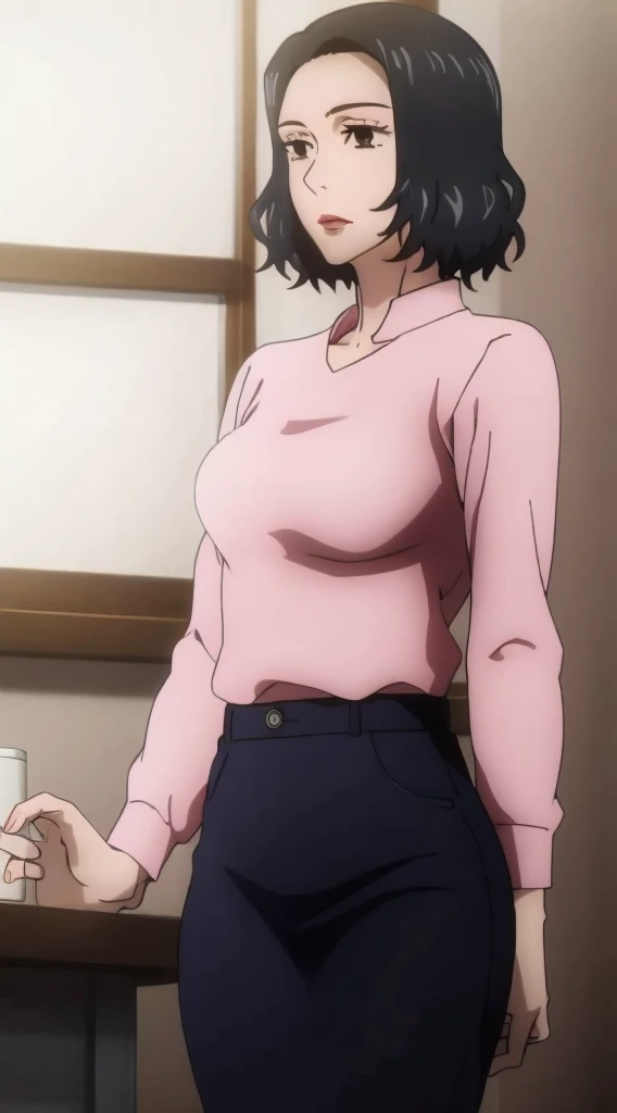 Toshiba Nagi, (((masterpiece))), black short hair, brown eyes, red lips, perfect medium erected breast, perfect model body, pink blazer, white shirt, pink tight skirt, black stockings, parted lips, highly detailed office with panoramic windows, seductive pose