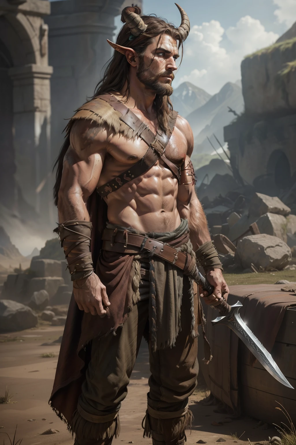 Skinny barbarian character for RPG, sfw, best quality, ultra high res, ultral detailed face and facial scars, (photorealistic:1.3), blurry background, solo:1.5), (barbarian:1.1), from the side, holding a rusty sword, 25 years old male, rugged, scruffy beard, leather armor, torn and tattered, bare feet, slouched posture, intense gaze, brooding, gaunt, long nose, hollow cheeks, horned helmet, Slim waist, narrow hips, worn-out leather pouch slung over shoulder, ragged cloak fluttering in wind