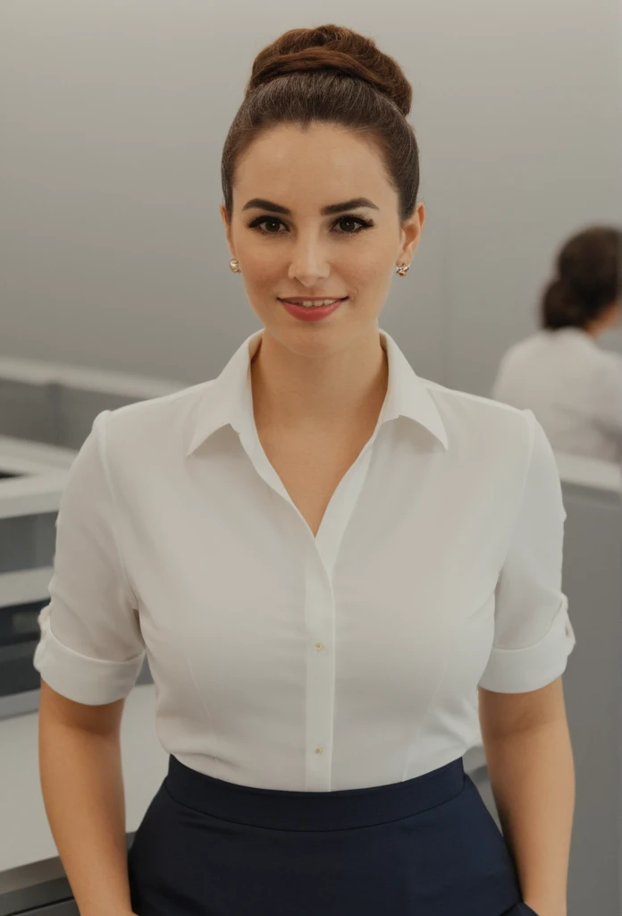 (photorealistic), masterwork, intricate details, trending on art station, epic, (cinematic still), kodachrome. ((((A close up picture)))), (a beautiful 35-year-old British woman), (airport desk service personnel), slight smile. (dynamic pose), ((((elevated camera angle: 1.5)))),(((sitting behind the airline service counter)), (wearing form-fitting white blouse, airline pin), (dark blue skirt). she has pale skin and freckles, reddish-brown hair, hair made into a bun. (high cheekbones), (brown eyes), (black eyebrows), (downturned eyes), gigantic breasts, mature female, (plump belly)