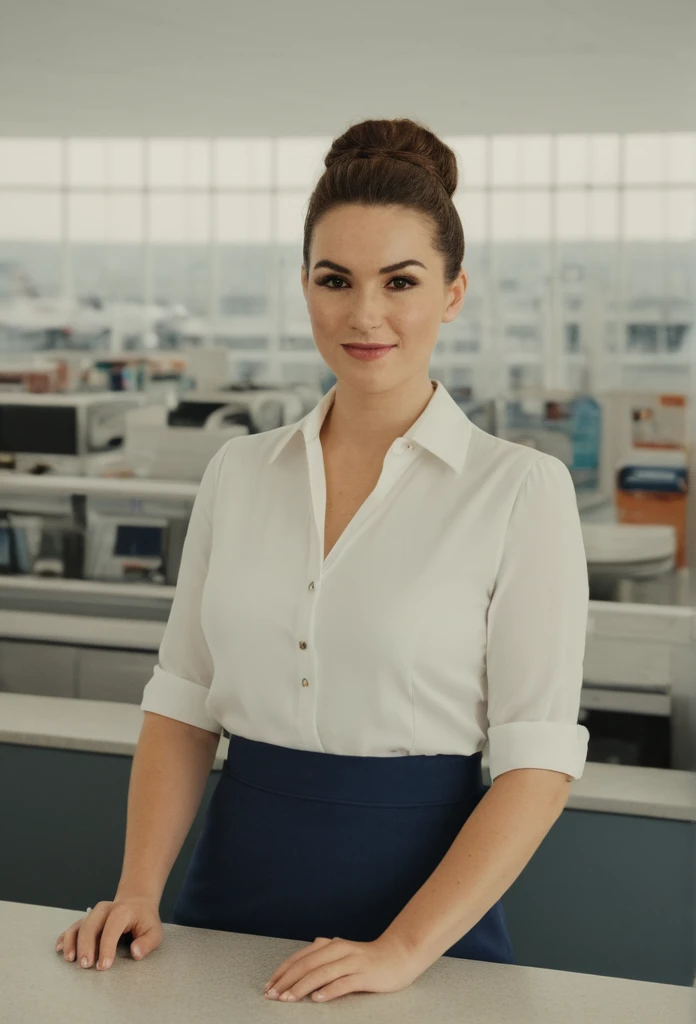 (photorealistic), masterwork, intricate details, trending on art station, epic, (cinematic still), kodachrome. ((((A close up picture)))), (a beautiful 35-year-old British woman), (airport desk service personnel), slight smile. (dynamic pose), ((((elevated camera angle: 1.5)))),(((sitting behind the airline service counter)), (wearing form-fitting white blouse, airline pin), (dark blue skirt). she has pale skin and freckles, reddish-brown hair, hair made into a bun. (high cheekbones), (brown eyes), (black eyebrows), (downturned eyes), gigantic breasts, mature female, (plump belly)