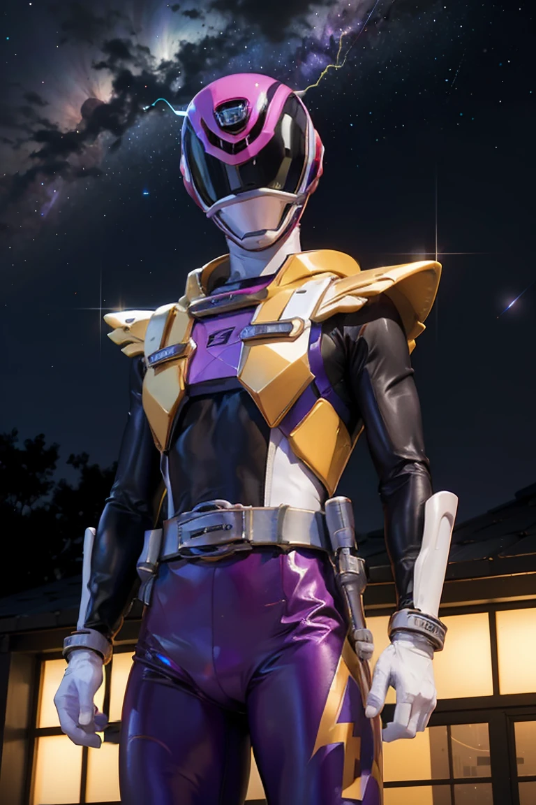 starry sky with the constellations of the zodiac, shades of purple as if they were nebulae, vast space, cyberpunk city at the bottom, , power suit, powerranger, suit, spd, (Power ranger suit), gold detail, masked,