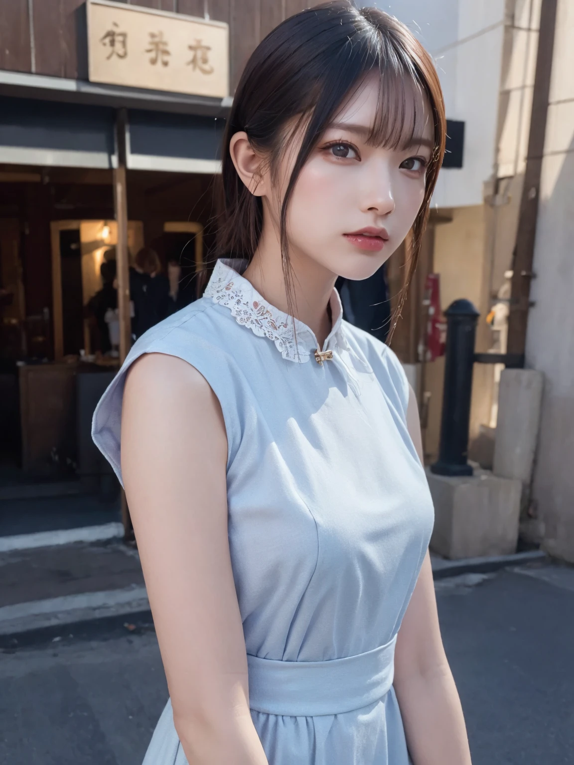(Highest quality:1.4),(masterpiece:1.4),(Realistic:1.4),(Realistic:1.2),(超High resolution, RAW Photos:1.4),(High resolution, Super detailed:1.2),(8K:1.2),Movie Photos,a photo of a dark-haired,One Girl,alone,wear ,((China dress))、((Upper Body:1.3))