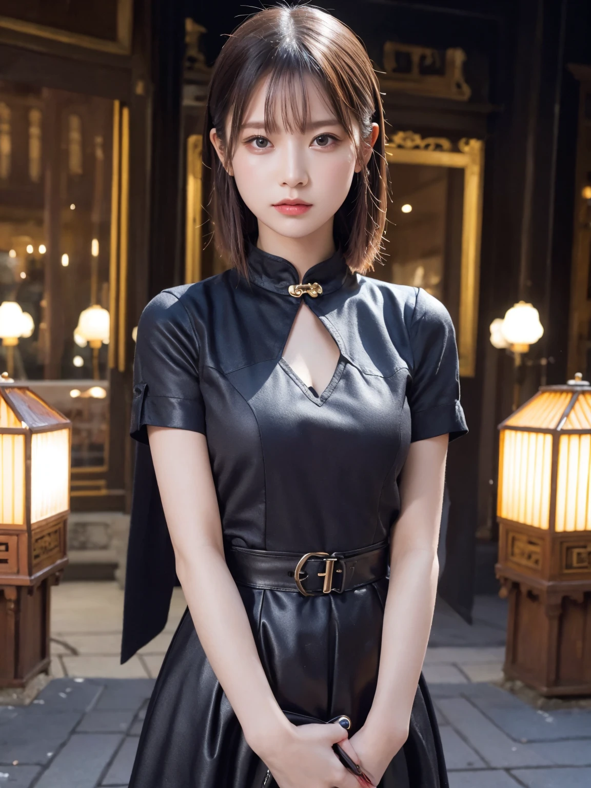 (Highest quality:1.4),(masterpiece:1.4),(Realistic:1.4),(Realistic:1.2),(超High resolution, RAW Photos:1.4),(High resolution, Super detailed:1.2),(8K:1.2),Movie Photos,a photo of a dark-haired,One Girl,alone,wear ,((China dress))、((Upper Body:1.3))