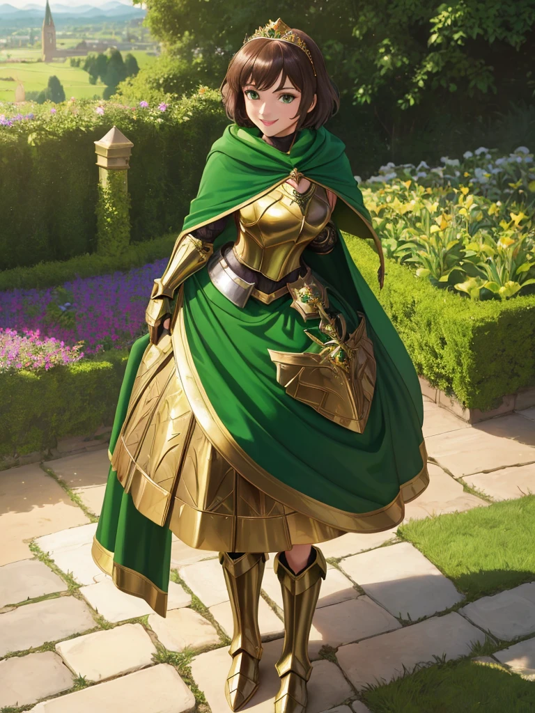 masterpiece, best quality:1.2), 1girl, smile, looking at viewer, green eyes, short brown hair, princess, armor, , pauldrons, armored dress, green cloak cape, wearing puffy blue ballgown skirt, golden tiara with green gem, armored boots, fingerless gloves, standing in medieval garden