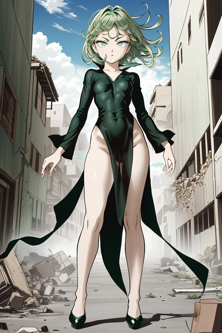 (masterpiece, best quality), intricate details, 1girl, iom, pelvic curtain, floating, short hair, black dress, small breasts,colored,((green eyes,green hair:1.2)), manga panels, outdoors, city, broken buildings, debris,((nude,naked:1.2)),((full body)),pussy,lift up dress,