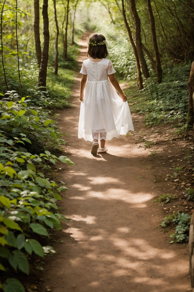 Photography, masterpiece, High resolution, Realistic image, 6 year old preschool girl, in a transparent white lace dress, walking through a forest, on a path,