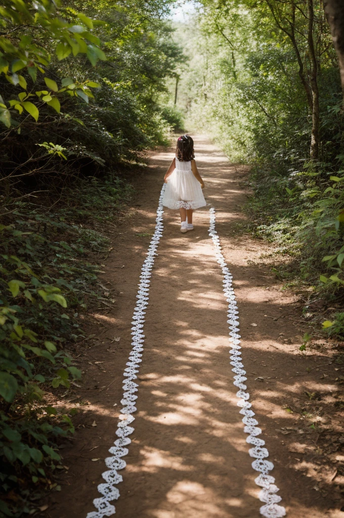 Photography, masterpiece, High resolution, Realistic image, 6  girl, in a transparent white lace dress, walking through a forest, on a path,