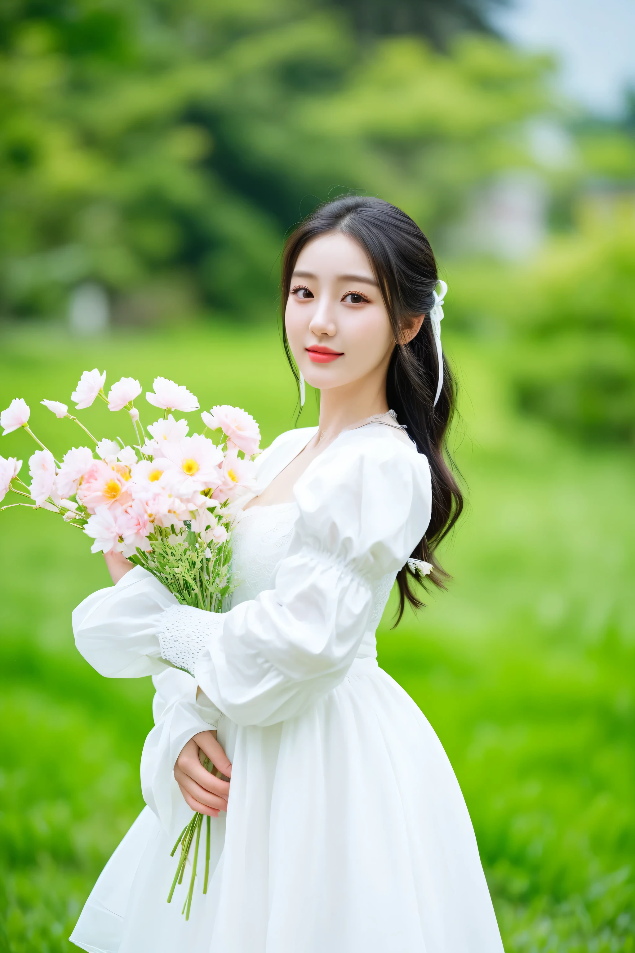 there is a woman in a white dress holding a bouquet of flowers, beautiful young korean woman, a young asian woman, beautiful south korean woman, young asian woman, gorgeous young korean woman, with flowers, korean woman, a cute young woman, young asian girl, beautiful young asian woman, young beautiful woman, korean girl, a cute and beautiful young woman