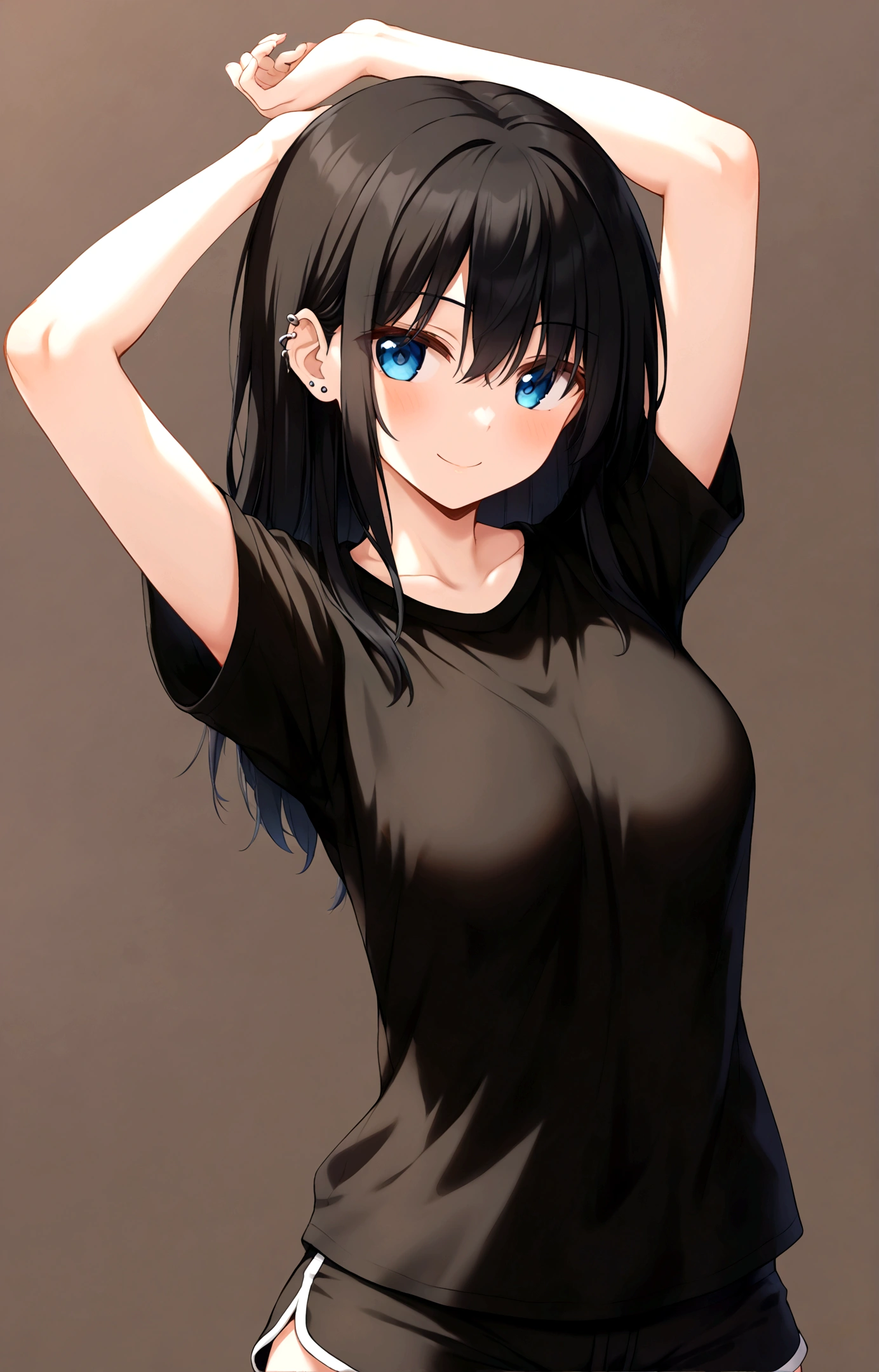 ((Generate a half-length anime portrait of a captivating scene featuring a stunning 20-year-old girl,)) ((semi lateral view,)) with medium long black hair, evil smile, with sports shorts and a black shirt. ((with his arms raised playing with his hair,)) piercing, blue eyes, medium chest, photography style ,