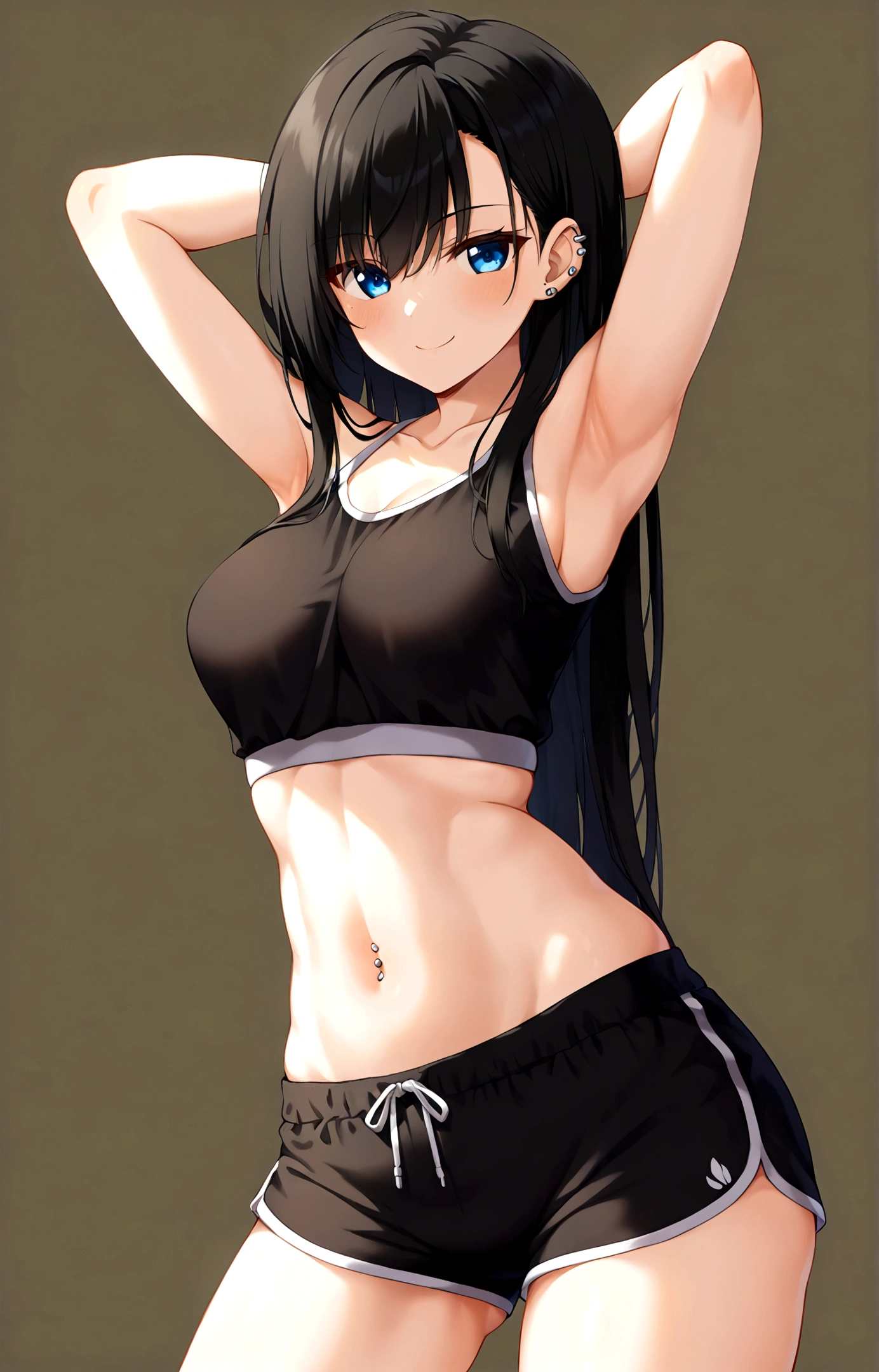 ((Generate a half-length anime portrait of a captivating scene featuring a stunning 20-year-old girl,)) ((semi lateral view,)) with medium long black hair, evil smile, with sports shorts and a black shirt. ((with his arms raised playing with his hair,)) piercing, blue eyes, medium chest, photography style ,