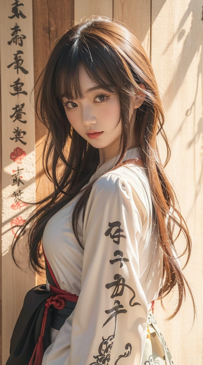 Beautiful Japanese Waifu, brunette hair, white traditional chinese dress with Chinese calligraphy on arm, in front of a wooden wall with Chinese calligraphy hanging 