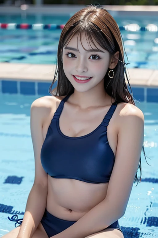 ((Cute Smile))、one girl, (a beauty girl, delicate girl:1.3), (:1.3), break, (Navy school swimsuit:1.3), break, Very detailedな明瞭さ, (Symmetrical eyes:1.3), break, (School swimming pool, Outdoor:1.3), break, Small breasts、 Brown eyes, Parted bangs, Brown Hair, girl, break, (Eye and facial details:1.0), break, (masterpiece, Highest quality, Very detailed, Detailed face, 8K)