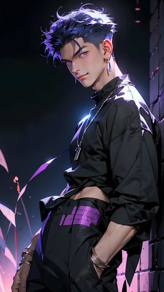 highest quality, 8K, high resolution image, anime style Jujutsu Kaisen, (Gilgamesh | Fate), detailed strokes, blurry, purple light reflecting from it, (close angle), 1 man, young, male, model, cooler Guy, multicolored background with different geometric shapes, around stickers, muscular, blue eyes, dark blue hair, hairstyle, hairstyle: undercut, short hair, blue hair, puffy chest, he is wearing a cool shirt and black sweatpants, hand in pants pocket, golden link chain, background: room, recording studio,