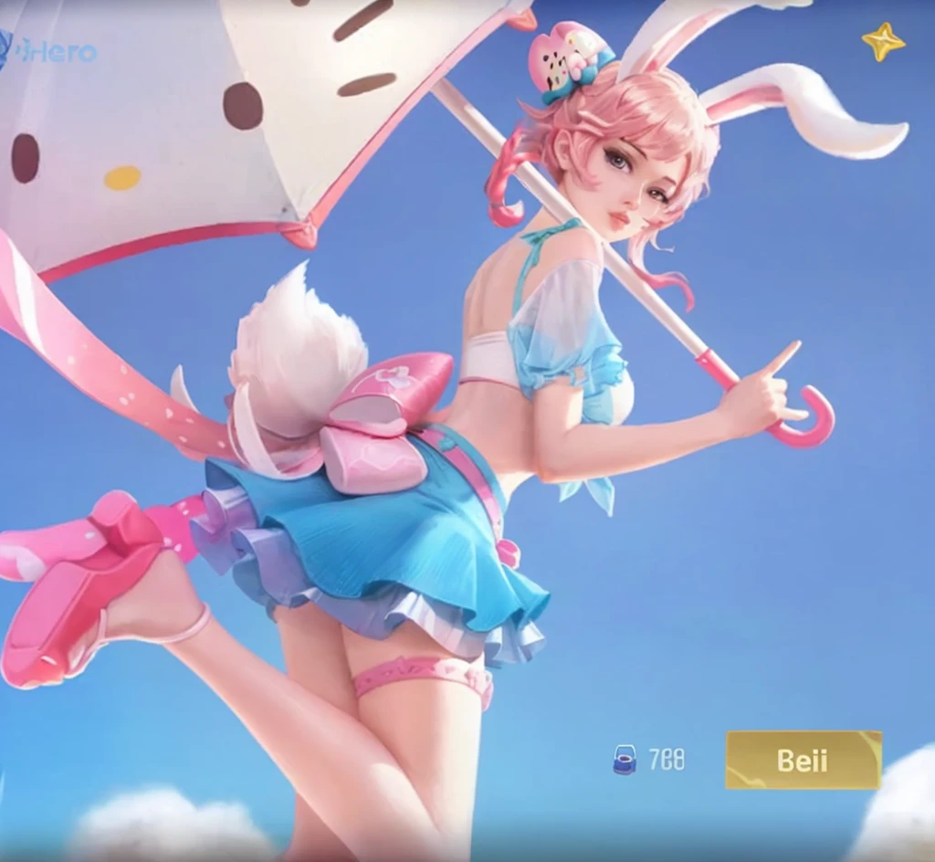 Arli hero Honor of Kings wearing the Hello Kitty collaboration skin is on the beach carrying an umbrella