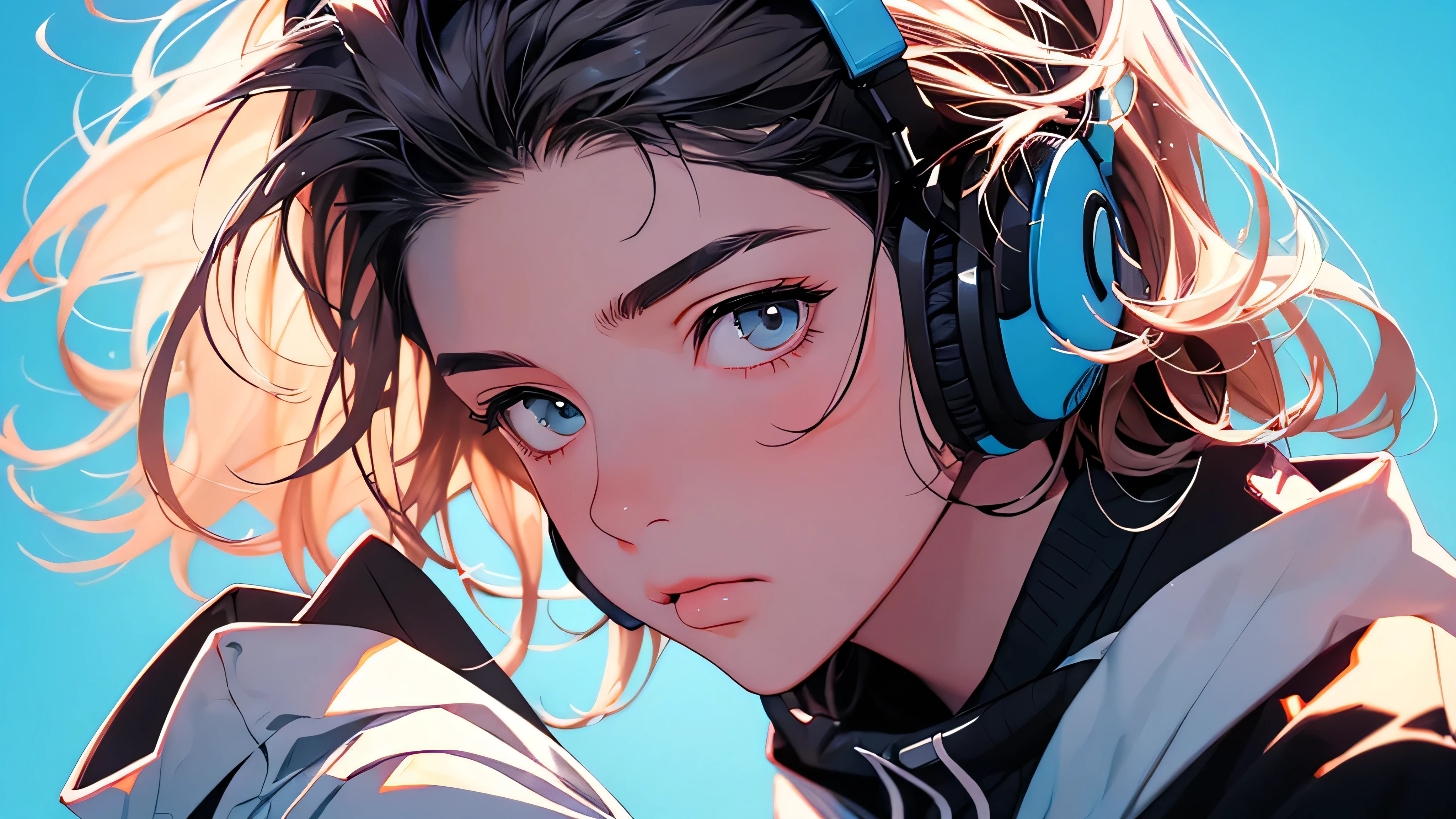 2D illustration, アニメ, Manga style, Bishamon from noragami, 1 Girl, Big Hair, Curly Hair, {{full name eyes}}, create, High resolution, masterpiece, Highest quality, High detail, High detailed eyes, Grain Filter, Detailed Lips, High resolution, Super detailed, Portraiture, Realistic ratio, Anatomically correct, Beautiful young woman, Erin Moriarty pairing:0.7, joey king:0.5, Sydney Sweeney:0.4 whole body portraits, Illustrator, アニメ , Realistic ,sketch , 1 Girl, ,Lip, hoodie,Order, Blue gradient background, Neon Hair,Textured Trim, Canadian, (masterpiece,Highest quality), lofi, Battle DJ girl in HIPHOP fashion wearing DJ headphones,whole body,ASİAN,