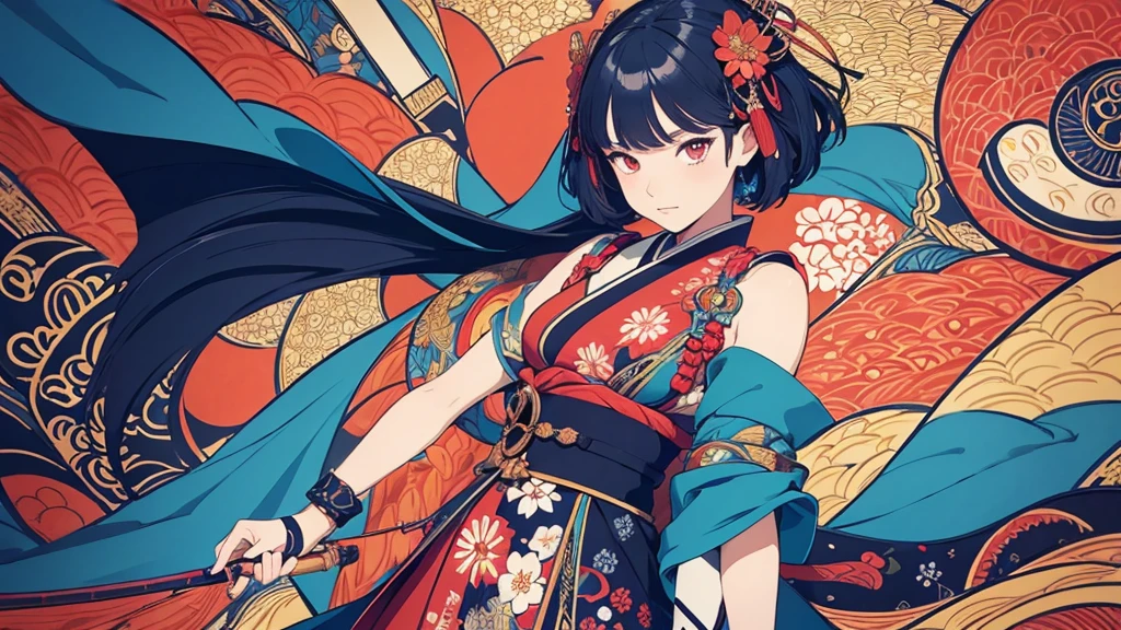 flat color, ukiyoe-style, (best quality, masterpiece, ultra high-resolution, ultra-detailed: 1.2), A vibrant and colorful illustration of an anime-style female samurai character with deep blue wavy-short hair, tween, holding her sword in front of her face. She is wearing traditional Japanese adorned with floral patterns, a backdrop filled with colorful patterns representing ancient symbols and floral motifs. The background is richly detailed with geometric shapes that add depth to their figure's presence, creating a whimsical atmosphere. The background features bold colors and intricate designs that add to the overall visual appeal. This artwork showcases vivid hues, intricate details on both attire and armor, capturing movement as she walks forward in the style of intricate details on both attire and armor, capturing movement as she walks forward.
