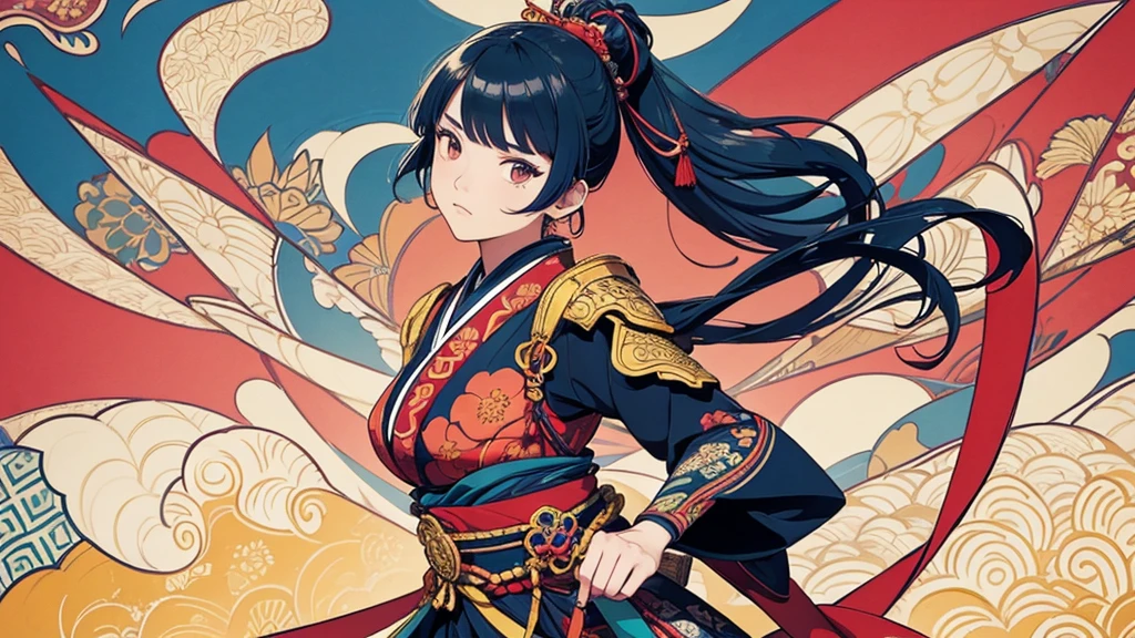 flat color, ukiyoe-style, (best quality, masterpiece, ultra high-resolution, ultra-detailed: 1.2), A vibrant and colorful illustration of an anime-style female samurai character with deep blue wavy-short hair, tween, holding her sword in front of her face. She is wearing traditional Japanese adorned with floral patterns, a backdrop filled with colorful patterns representing ancient symbols and floral motifs. The background is richly detailed with geometric shapes that add depth to their figure's presence, creating a whimsical atmosphere. The background features bold colors and intricate designs that add to the overall visual appeal. This artwork showcases vivid hues, intricate details on both attire and armor, capturing movement as she walks forward in the style of intricate details on both attire and armor, capturing movement as she walks forward.