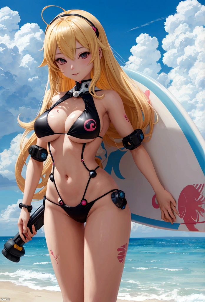 Anime girl in bikini posing on the beach with a surfboard, anime drawing of Yang Jay, PIKIV, What's it?, boobs, boobs proportions, biomechanical boobs, top rated on PIKIV,  cyberpunk, Anime girl blonde with long hair, at PIKIV, extremely detailed art germ, seductive anime girl