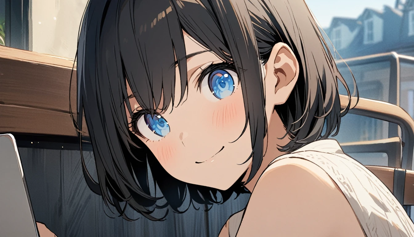one Beautiful girl, solo, gentle smile on her face flat chest, short hair, black hair, blue eyes, (detailed eyes), Masterpiece、Anime Coloring、Ultra fine、、、One Girl、Open your mouth wide、Lower Angle、cowboy shot、looking at the camera、smile、blush、Watery eye、Parted bangs、DullTshirt、Leaning forward、garden、blue sky、sunny、