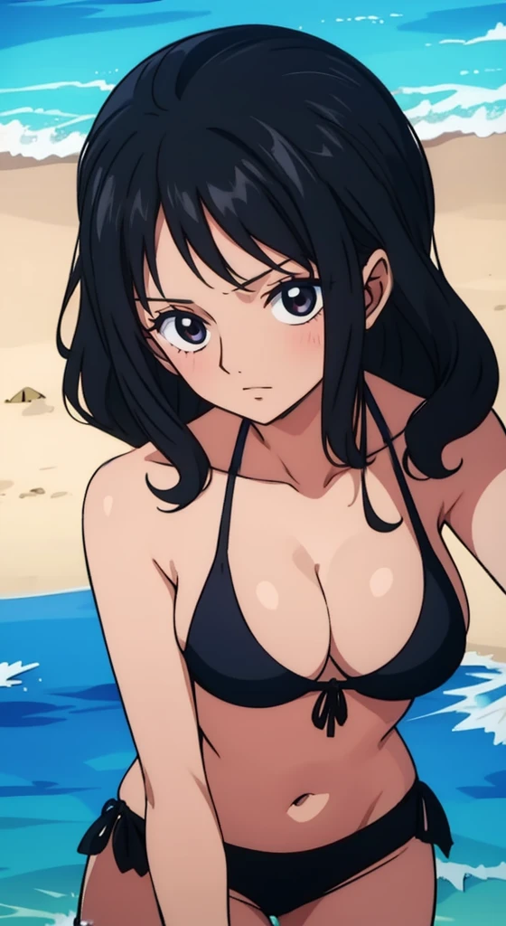 A girl with black and curly hair, dark skin, black eyes and name Mayza Hasaua wearing a black bikini on the beach 