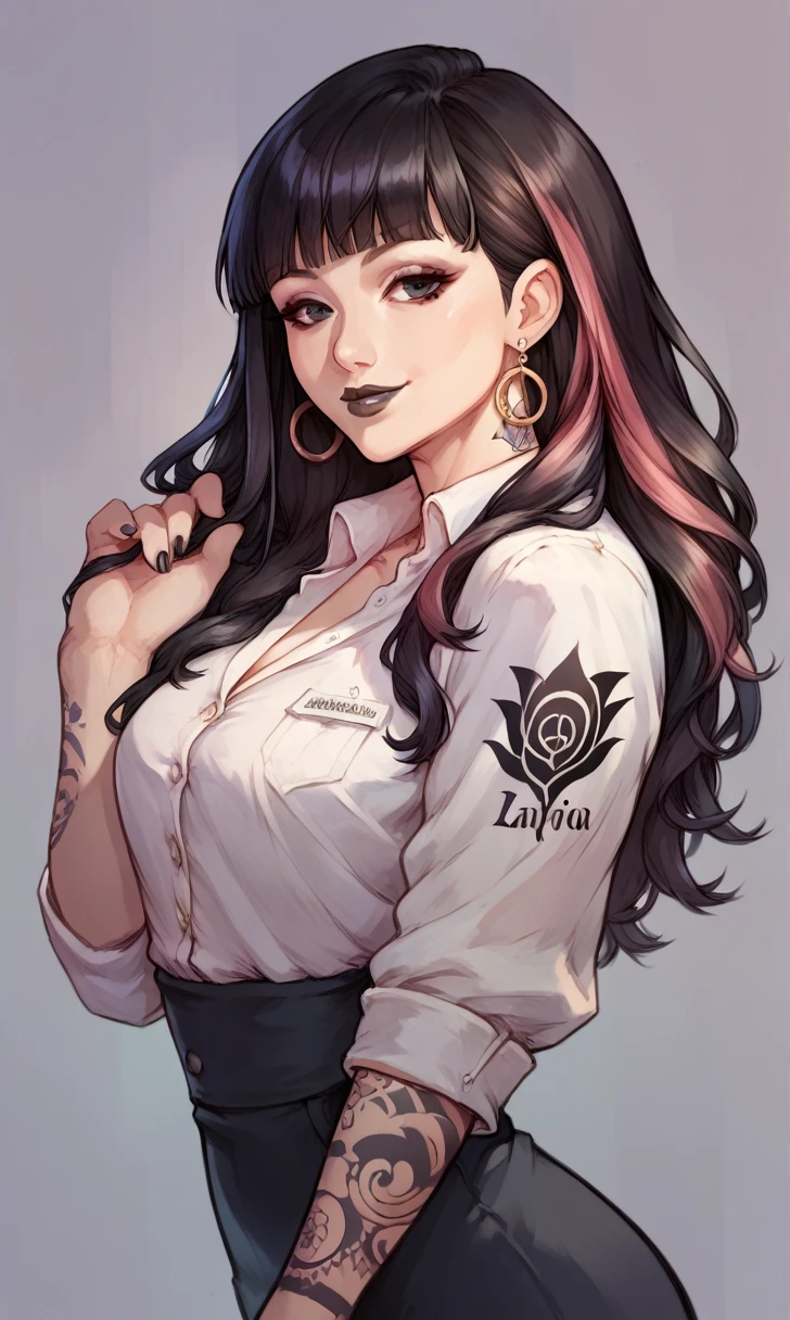 score_9, score_8_up, score_7_up,  1girl, simplified background, Asian, mafia business outfit, , sunny, lovely, hime cut hair, gentle smile, black lips, black eyes, tattoos
