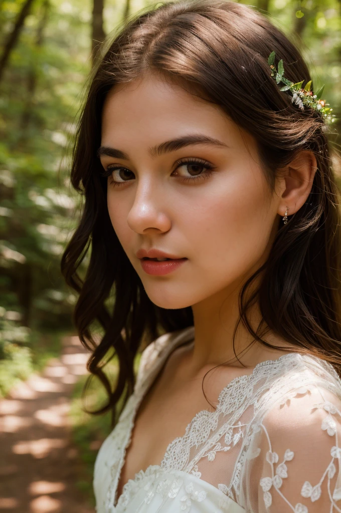 A 6  girl in a transparent white lace dress,walking through a lush forest on a path,(best quality,4k,8k,highres,masterpiece:1.2),ultra-detailed,(realistic,photorealistic,photo-realistic:1.37),vivid colors,natural lighting,detailed facial features,high quality portrait,beautiful detailed eyes,beautiful detailed lips,extremely detailed eyes and face,long eyelashes,high quality photography,stunning natural scenery,detailed foliage,warm color tones,soft focus,depth of field,intricate details