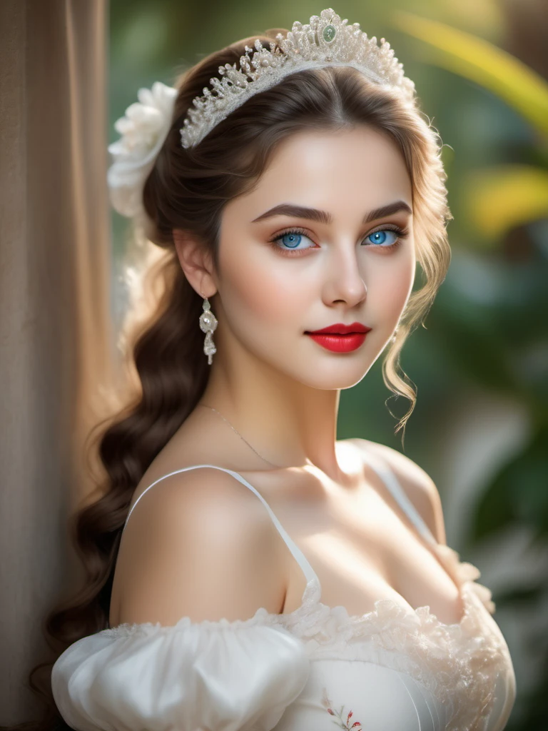 maid outfit,cute girl,beautiful blue eyes,elaborate hairstyle,gorgeous long hair,vivid white skin,delicate features,plump red lips,flawless complexion,alluring gaze,natural beauty,adorable smile,elegant posture,enchanting charm,sensual femininity,feminine allure,lush lashes,captivating presence,charming personality,innocent yet seductive,gentle and graceful,blossoming youthfulness,fetching curves,fashionable attire,sexy and stylish,high-quality materials,exquisite craftsmanship,attention to detail,lovely aesthetics,eye-catching elements,scenic background,harmonious composition,lively colors,soft and gentle lighting,high-quality image resolution,ultra-detailed portrayal,pure and ethereal,refreshing and delightful,ensuring top-notch artistic quality,masterpiece:1.2,ultra-realistic,photorealistic:1.37