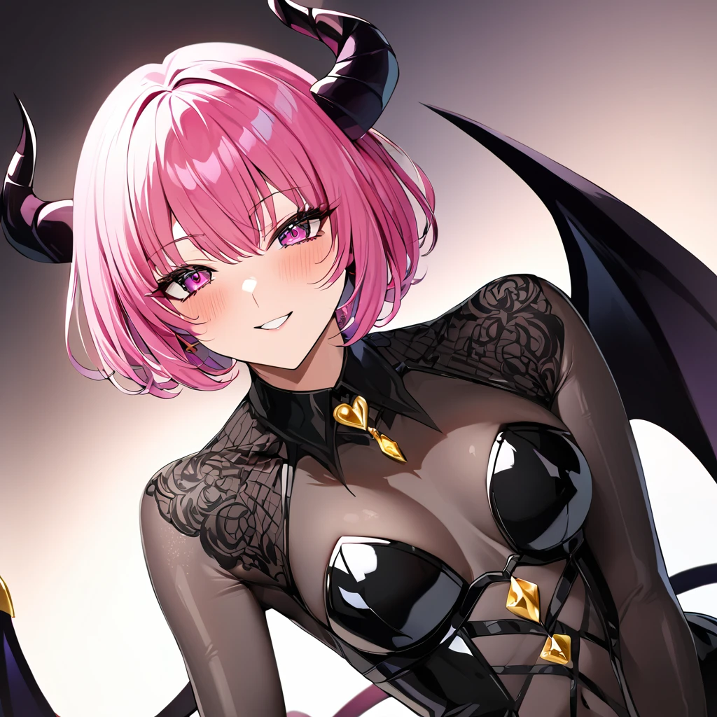 ((Highest quality)), ((masterpiece)), (detailed), (Perfect Face)、The woman is a naked demon queen, Momo Belia Deviluke, wearing a shiny black full-body bodysuit decorated with gold, the sexy female demon, Devil Queen Momo Belia Deviluke、The woman is a female demon with magnificent devil horns, jet black devil wings, and a jet black tail. She is looking at the camera with a happy expression on her face. Her name is Momo Belia Deviluke, and she has pink hair in a short bob and the expression of a girl in love.、The woman is Momo Belia Deviluke