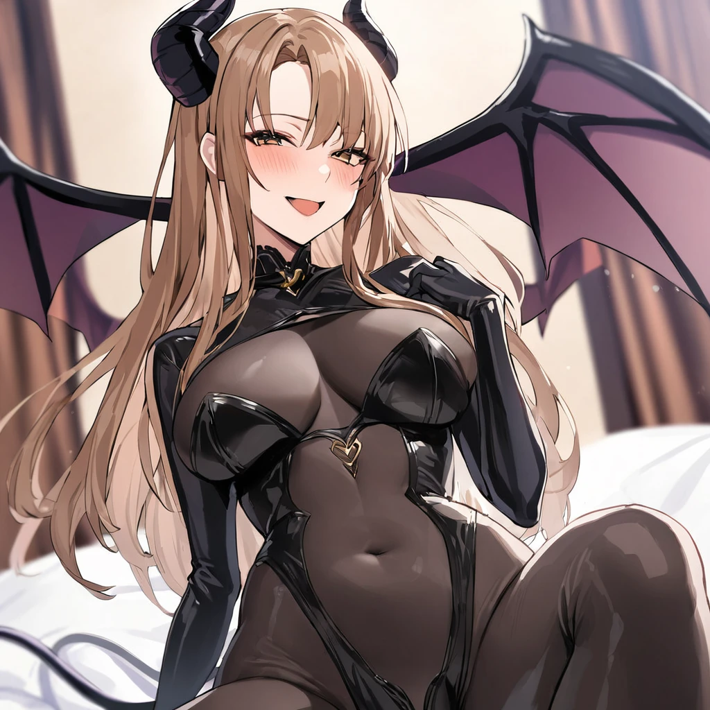 ((Highest quality)), ((masterpiece)), (detailed), (Perfect Face)、The woman is naked and wearing a shiny black full-body bodysuit decorated with gold, the sexy female demon Devil Queen Yuuki Asuna、The woman is a female demon with magnificent devil horns, jet black devil wings and a jet black tail. She is looking at the camera with a happy expression, a demon named Yuuki Asuna, with brown medium long hair and the expression of a girl in love.、The woman is Yuuki Asuna