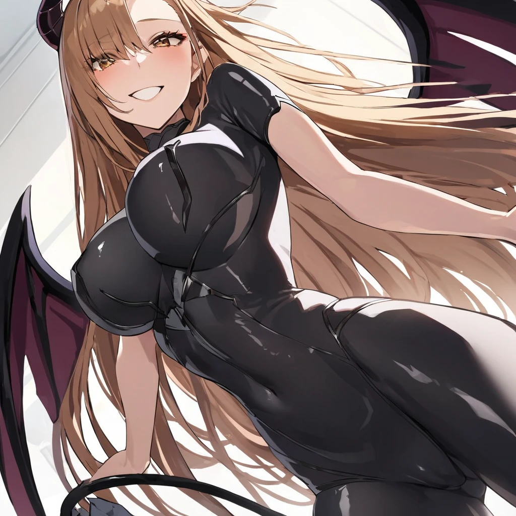 ((Highest quality)), ((masterpiece)), (detailed), (Perfect Face)、The woman is naked and wearing a shiny black full-body bodysuit decorated with gold, the sexy female demon Devil Queen Yuuki Asuna、The woman is a female demon with magnificent devil horns, jet black devil wings and a jet black tail. She is looking at the camera with a happy expression, a demon named Yuuki Asuna, with brown medium long hair and the expression of a girl in love.、The woman is Yuuki Asuna