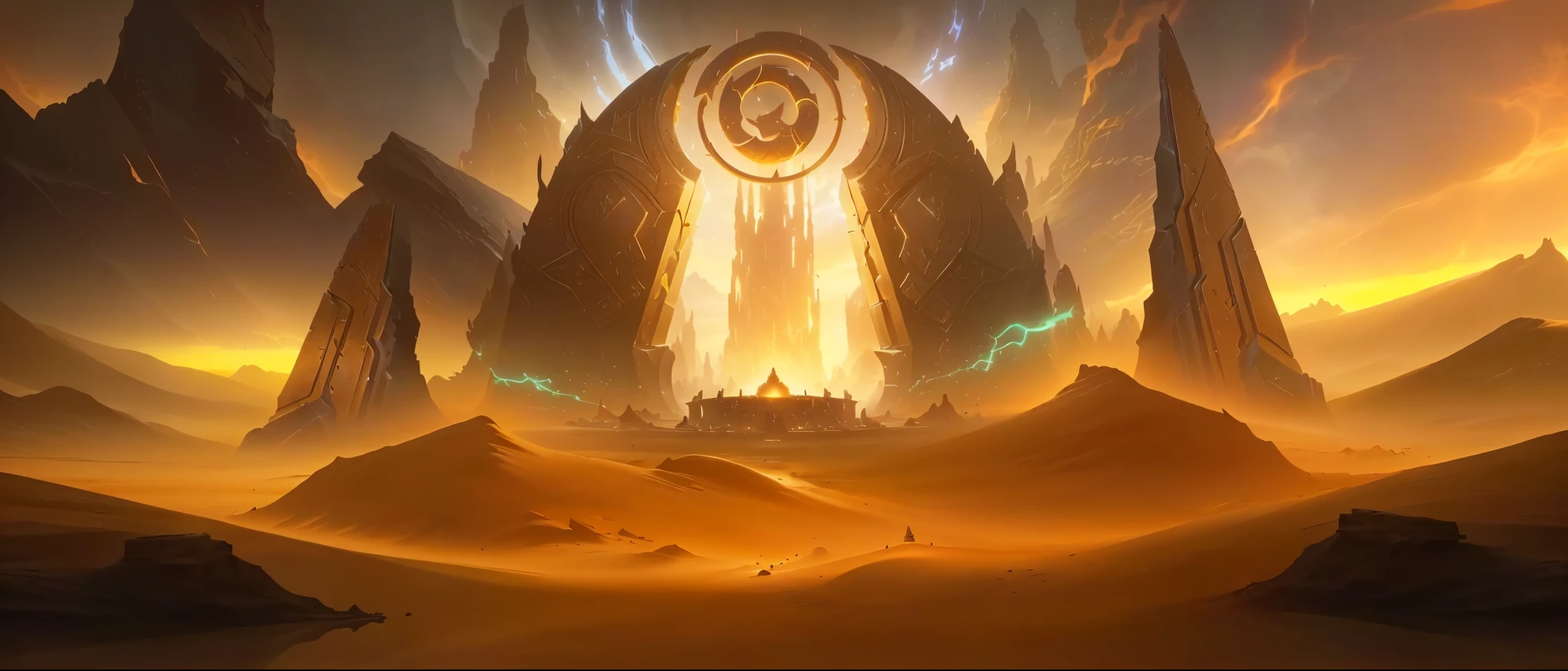 There is a number,Depicting a desert,There is a huge portal on top, Game concept art, League of Legends concept art, Research the Hell Rift Portal, Arena Background, Stunning mysterious background, World of Warcraft concept art, odin's stone Arena Background, Concept Art Magic Highlights, Portal to the Lost Realm of Flame, 8K HD wallpaper JPEG artifact