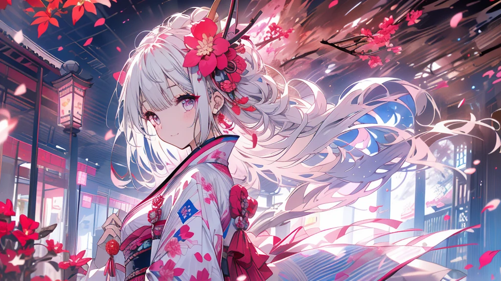 (Background with白い:1.4),(White dirt road, Oriental elements),(Nature Illustration Spring:1. Art Book:1.3, quilt art:1.2),( Reasonable design, Clear lines, High Sharpness,Best Quality, Very detailed, masterpiece, Movie Light Effects, 4K )(Cherry leaves、Cherry blossoms in spring:1.0)、Many cherry blossoms flutter、the wind、Background with、Spring-like、Girl Facing Left、Pink petals、A large number of cherry petals、very beautiful white hair、long、A slight smile、Cute smile、Purple eyes、yukata、kimono、white and red motif