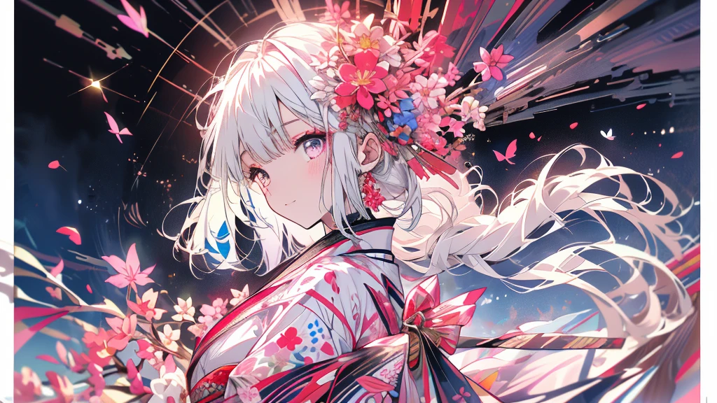 (Background with白い:1.4),(White dirt road, Oriental elements)，(Nature Illustration Spring:1. Art Book:1.3, quilt art:1.2),( Reasonable design, Clear lines, High Sharpness,Best Quality, Very detailed, masterpiece, Movie Light Effects, 4K )(Cherry leaves、Cherry blossoms in spring:1.0)、Many cherry blossoms flutter、the wind、Background with、Spring-like、Girl Facing Left、Pink petals、A large number of cherry petals、very beautiful white hair、long、A slight smile、Cute smile、Purple eyes、yukata、kimono、white and red motif