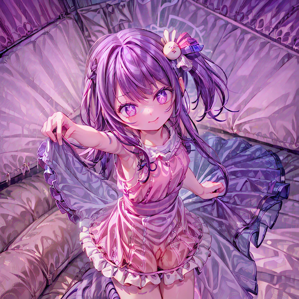 女の子1人、full body, cowboy shot、(Rembrandt)、illustration、(masterpiece)、(top-quality)、(ultra-detailliert)、finely detail、(depth of fields)、Hinoai、gloves、armpit, tongue-out、tongue、length hair、star \ (Symbols\)、Looking at the camera、(Purple hair:1.2)、Purple eye、full body view, hair ornament、:p、frilld、Pink Shirt、a smile、sleeveless、The shirt、idol、Symbol Eye、pulling the hands up、bangss、One Side Up、star-shaped pupils、Raise arms、Pull the dress、Roaring 20s、isometric, florals、stage、kirakira, armpit, dynamic view, (((pussy))), full body view, skirt-lift, view from front,