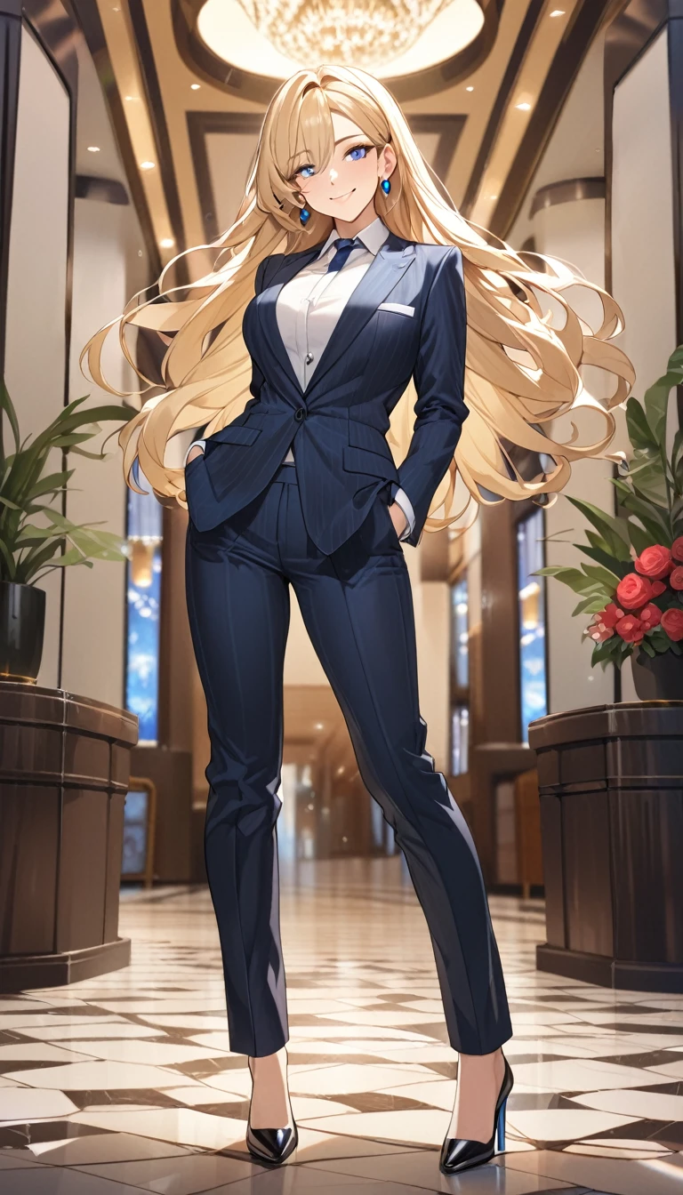 (Highest quality、Very detailed、Ultra-high resolution) 、(1 girl、************、Mature), blue eyes、smile、((Blonde))、Semi-long hair、Beautiful breasts、(suit:1.4), T shirt, High heels, earrings