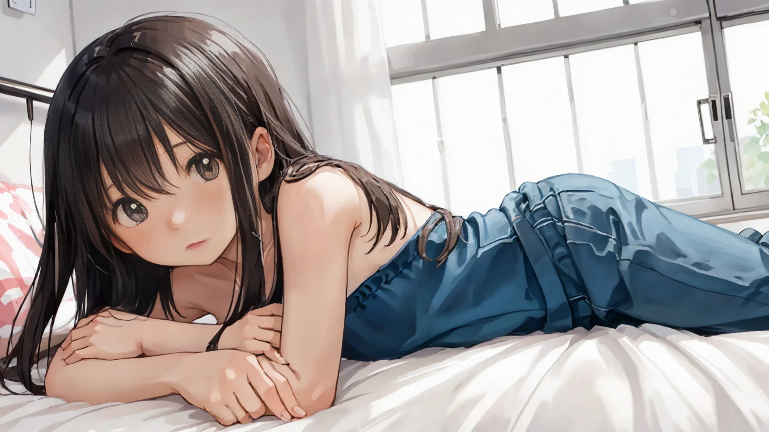 A very cute girl is naked and shyly lying on her bed looking at me.。