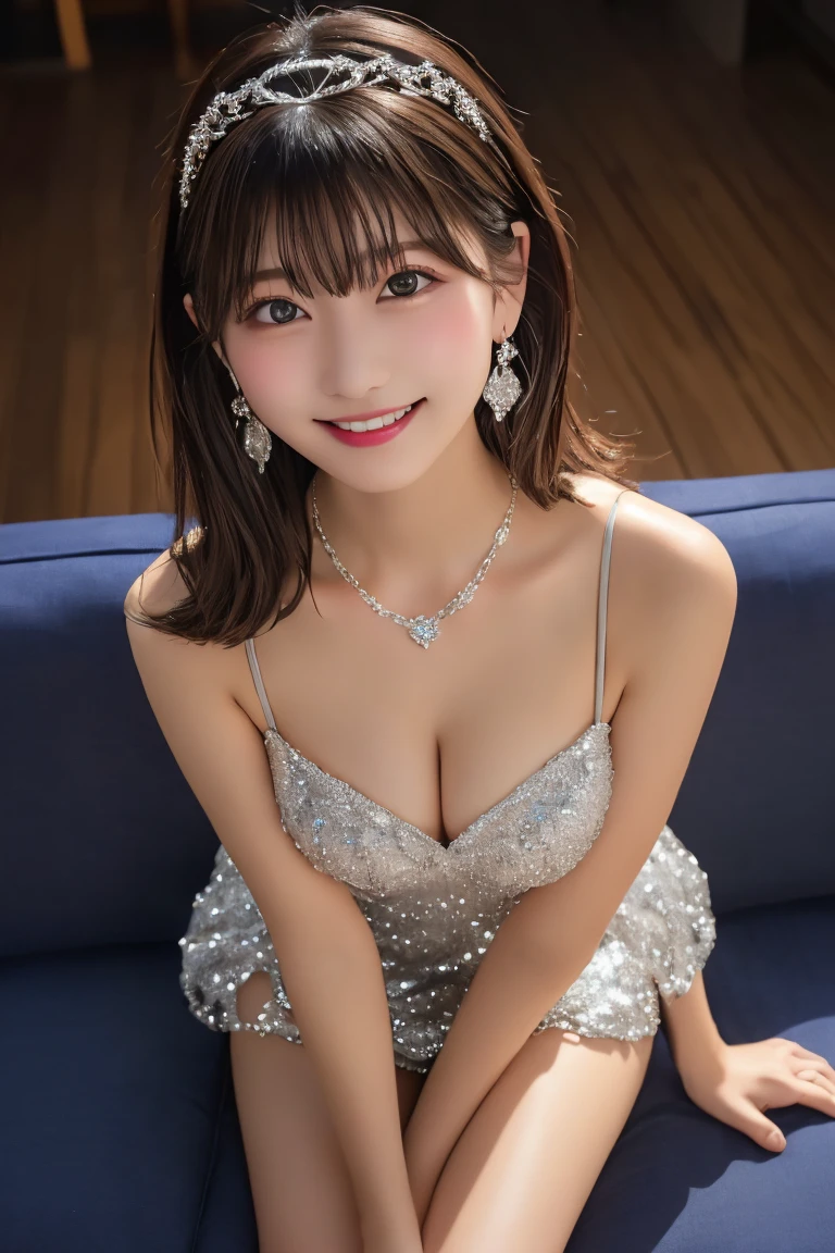 Highest quality, (beautiful)、A flashy mini dress with shoulder straps、Larger breasts、Brown Hair、looking at the camera、Sit on the sofa、Close-up、smile、pub、tiara、necklace、Earrings、、night、Dark Room、Dim lighting、No windows、Shoot from above