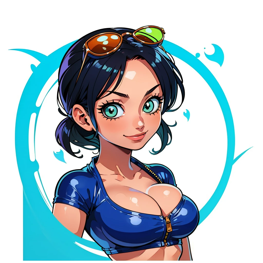((1girl, nico robin, nico robin from one piece, 1girl, white background, crop top, midriff, navel, sarong, eyewear on head, zipper, Partially unzipped)), upper body, anatomically correct, chibi, simple background, smile, cleavage, looking at the viewer, large hair