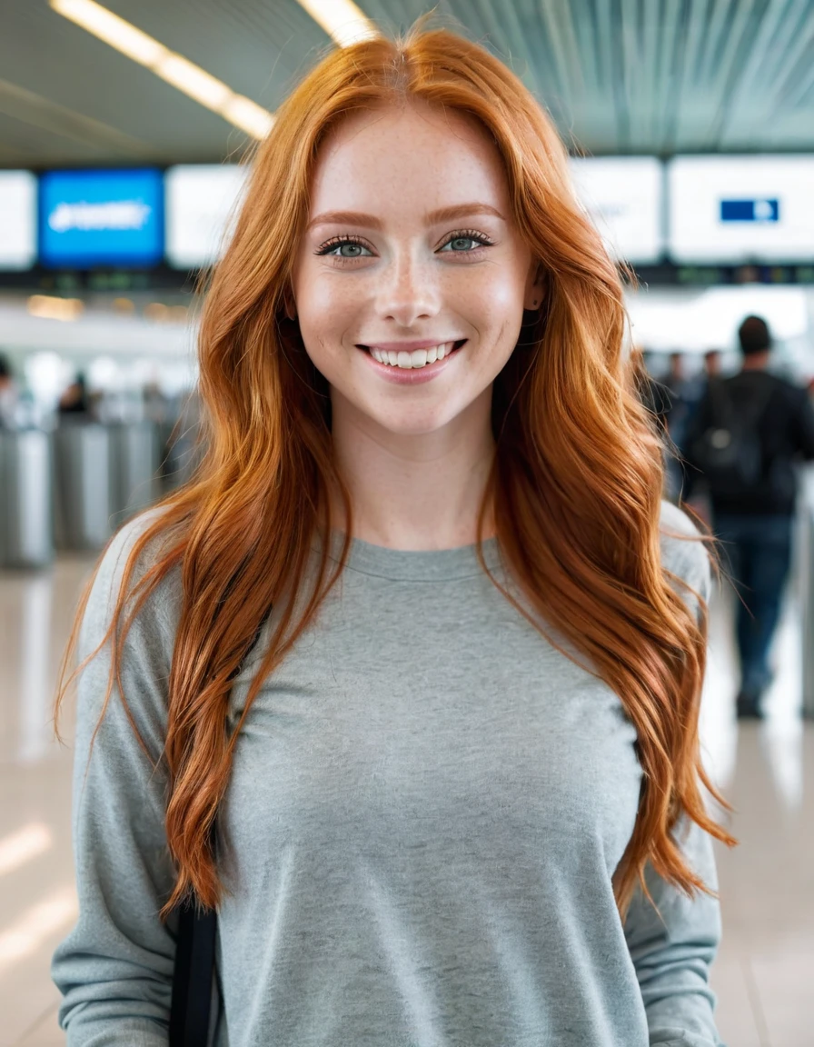 25-year-old woman, high quality, 4k, light red hair, beautiful light eyes, big natural , charming smile, long hair, full body, in aeroport